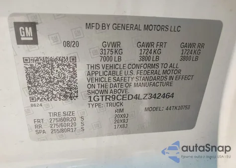 2020 GMC Sierra 1500 4Wd Double Cab Standard Box Elevation z USA, uszkodzony, nr VIN 1GTR9CED4LZ342464